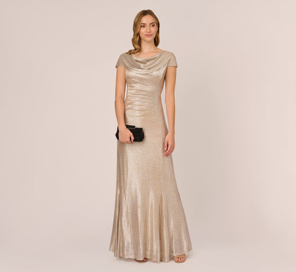 slim fit dress slacks Adrianna Papell Metallic Foil Knit Draped Long Gown
