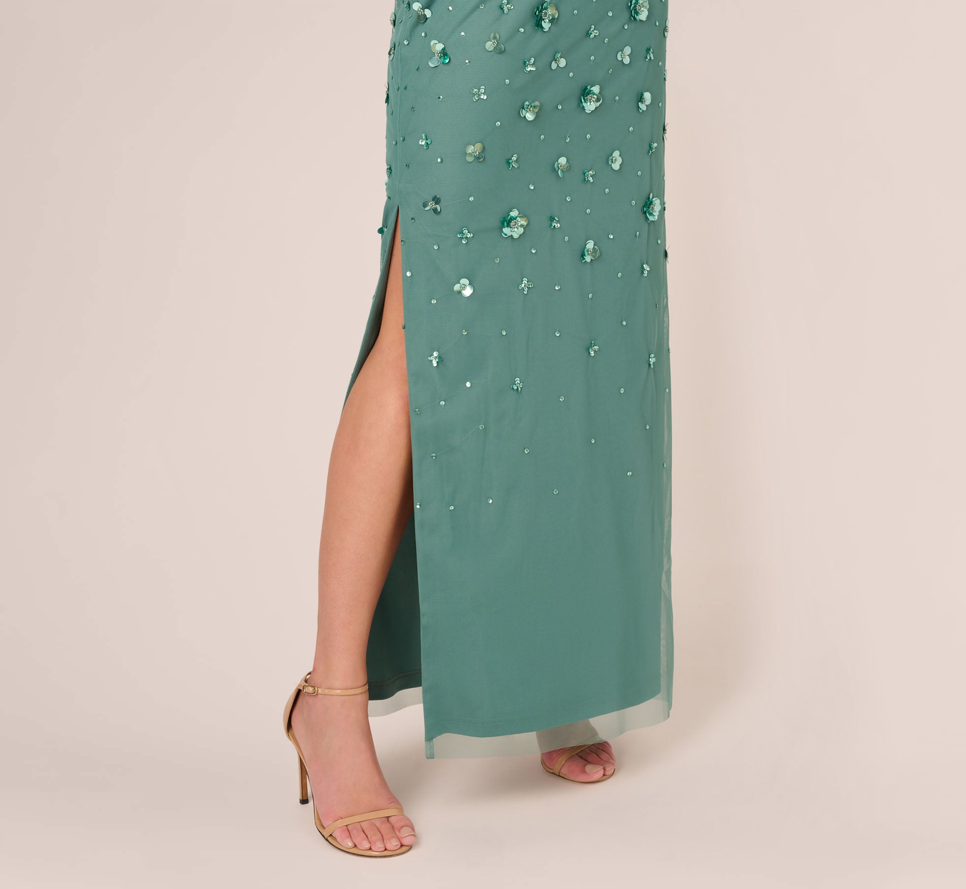 3D Floral Hand-Beaded One-Shoulder Long Column Gown In Green Slate