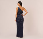 3D Floral Hand-Beaded One-Shoulder Long Column Gown In Dusty Navy 6