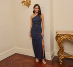 3D Floral Hand-Beaded One-Shoulder Long Column Gown In Dusty Navy 1