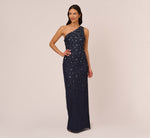 3D Floral Hand-Beaded One-Shoulder Long Column Gown In Dusty Navy 3