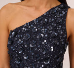 3D Floral Hand-Beaded One-Shoulder Long Column Gown In Dusty Navy 4