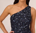 3D Floral Hand-Beaded One-Shoulder Long Column Gown In Dusty Navy 5