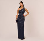 3D Floral Hand-Beaded One-Shoulder Long Column Gown In Dusty Navy 2