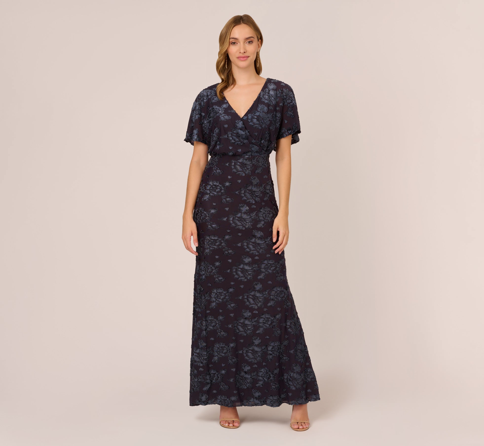 floral burnout velvet dress Floral Burnout Velvet Long Blouson Gown In Midnight