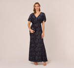 Floral Burnout Velvet Long Blouson Gown In Midnight 1