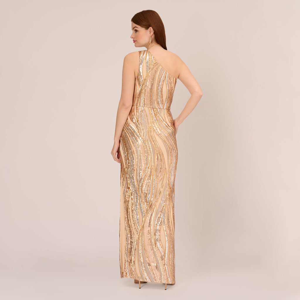 One Shoulder Abstract Sequin Gown In Champagne Gold Multi