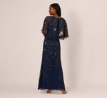 Sequin Beaded Gown With Sheer Cape Sleeves In Light Navy 5