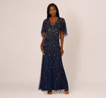 Sequin Beaded Gown With Sheer Cape Sleeves In Light Navy 2