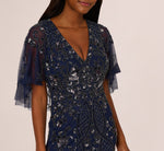 Sequin Beaded Gown With Sheer Cape Sleeves In Light Navy 3