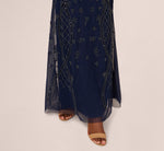 Sequin Beaded Gown With Sheer Cape Sleeves In Light Navy 4