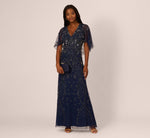 Sequin Beaded Gown With Sheer Cape Sleeves In Light Navy 1