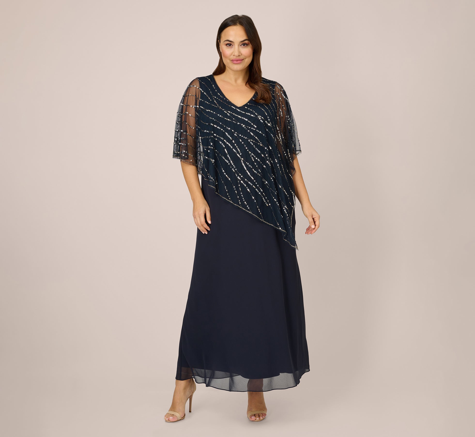Plus Size Hand-Beaded Popover Long Dress In Midnight