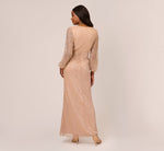 Metallic Crinkled Mesh Draped Long Gown In Light Gold 5