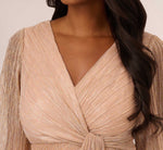 Metallic Crinkled Mesh Draped Long Gown In Light Gold 3