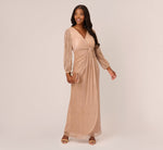 Metallic Crinkled Mesh Draped Long Gown In Light Gold 1
