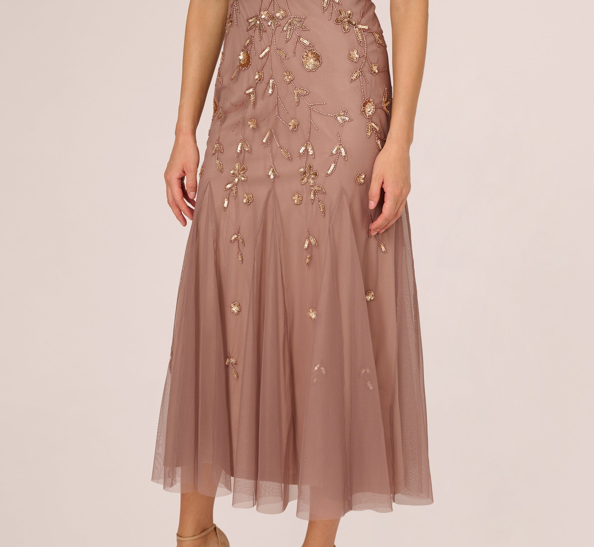 Floral Beaded Blouson Tea Length Dress In Stone | Adrianna Papell