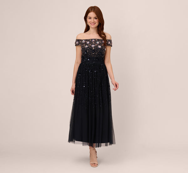 Off The Shoulder Ankle-Length Beaded Dress With Sequin Rosettes