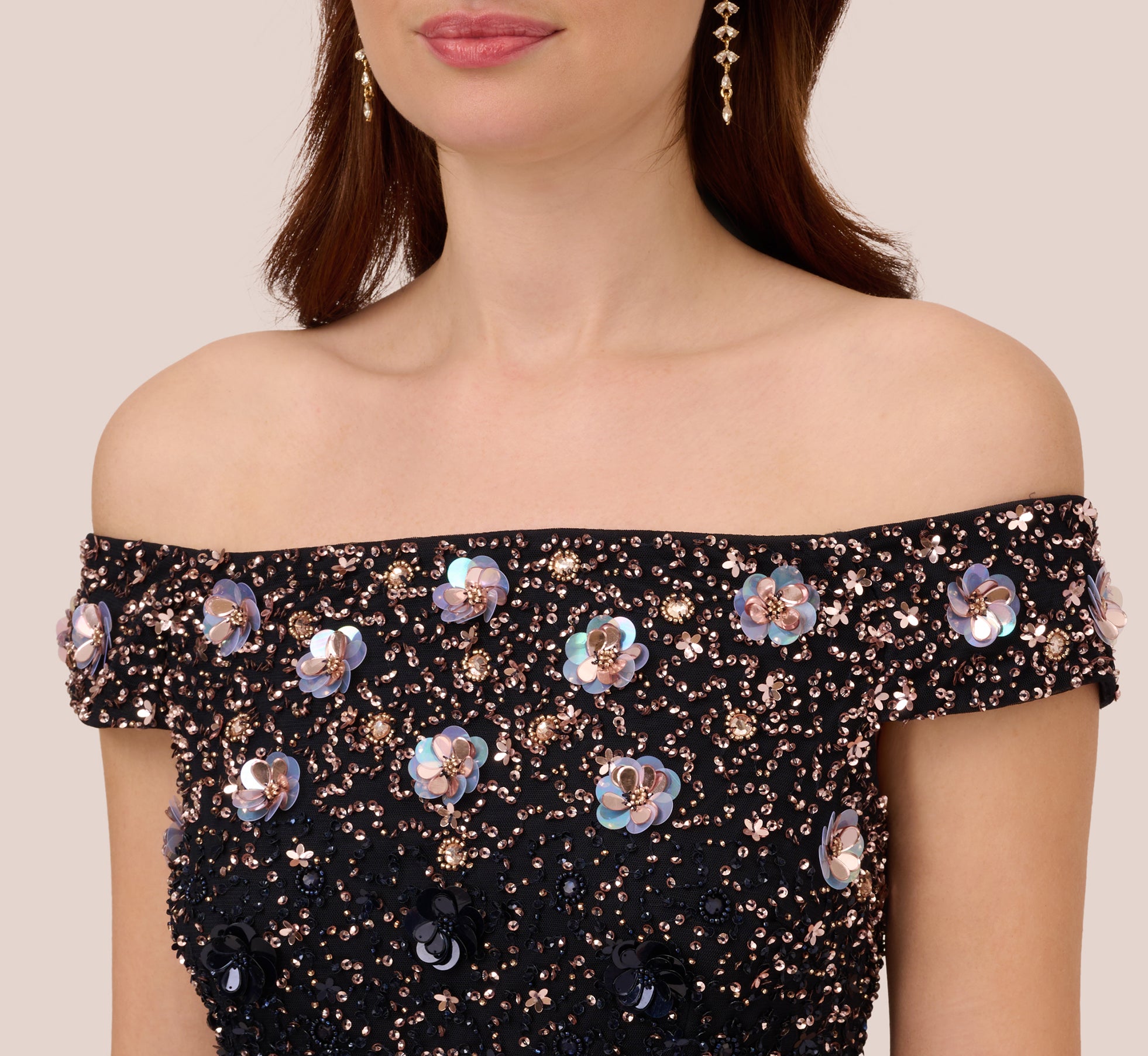 Off The Shoulder Ankle-Length Beaded Dress With Sequin Rosettes In