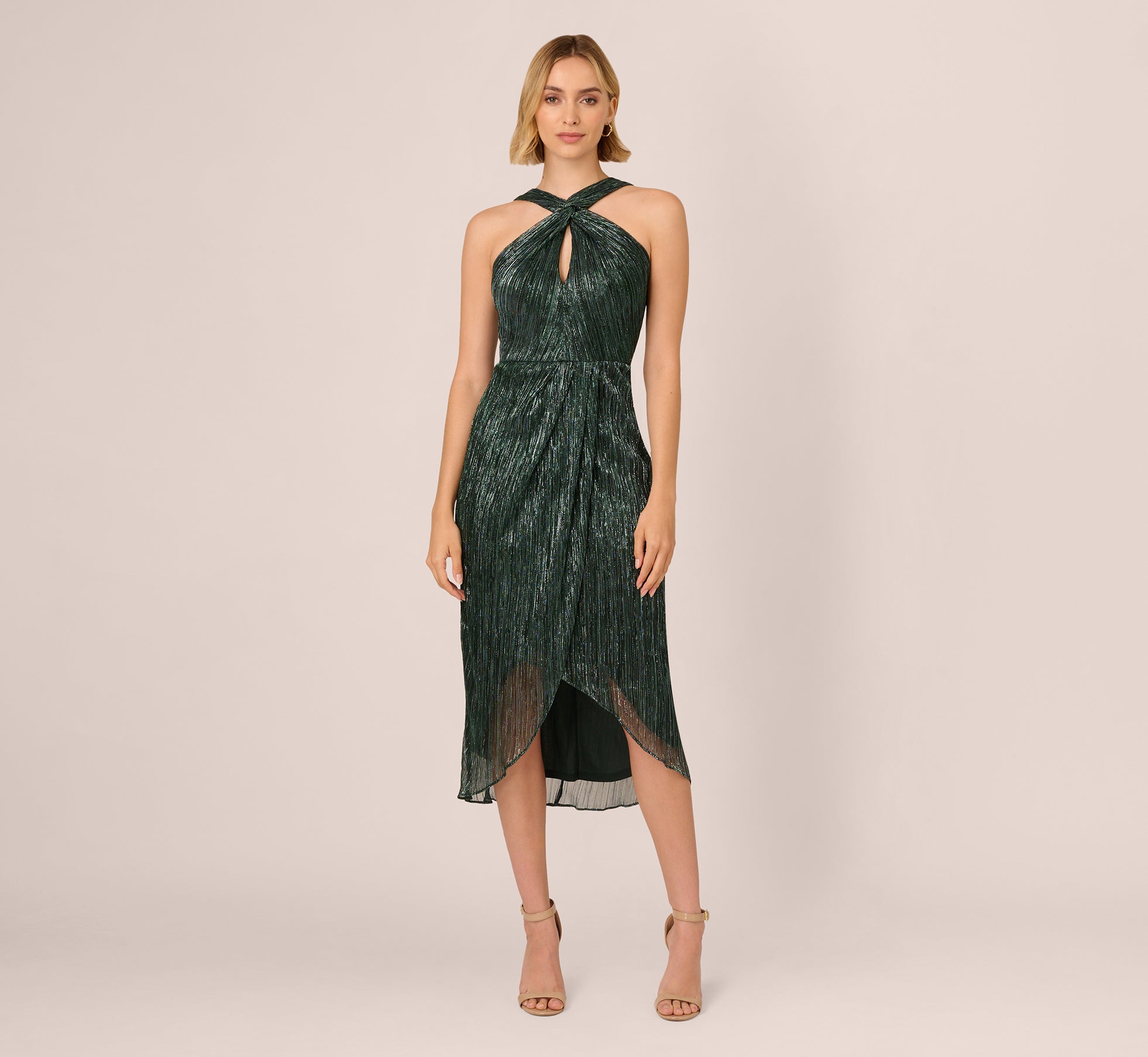 Metallic Knit Halter Midi Dress With Wrap Skirt In Green Pine - Adrianna Papell Metallic Knit Halter Midi Dress With Wrap Skirt In Green Pine - Adrianna Papell