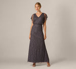 Beaded Blouson Mermaid Gown With Sheer Dolman Sleeves In Gunmetal 2