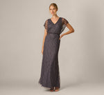 Beaded Blouson Mermaid Gown With Sheer Dolman Sleeves In Gunmetal 1