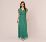 Beaded Blouson Mermaid Gown With Sheer Dolman Sleeves In Jungle Green 2
