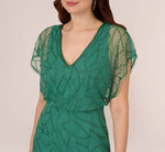 Beaded Blouson Mermaid Gown With Sheer Dolman Sleeves In Jungle Green 4