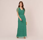 Beaded Blouson Mermaid Gown With Sheer Dolman Sleeves In Jungle Green 1