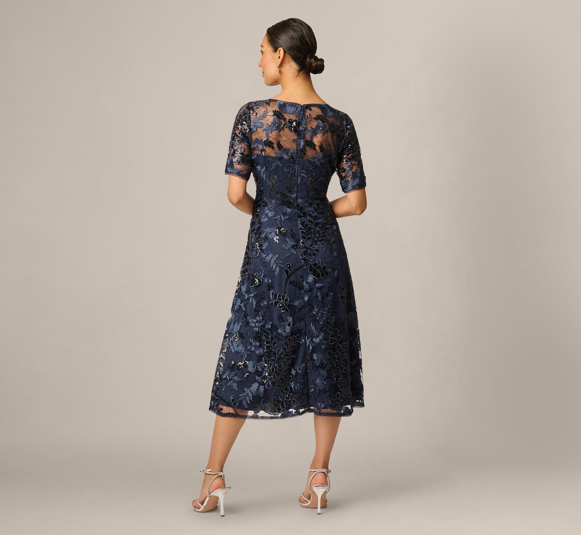 Petite Sequin Embroidered Midi Dress With Sheer Short Sleeves In Navy, Navy / Petite / 16