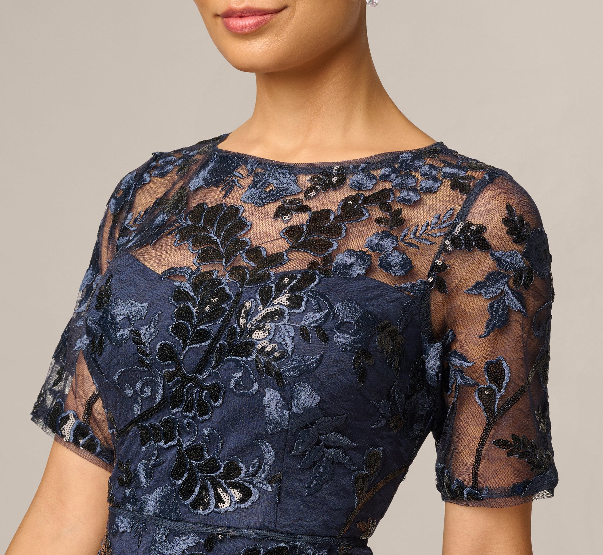 adrianna papell navy blue dress Petite Sequin Embroidered Midi With Sheer Short Sleeves Size:Pre-order Size 4 Florsheim Launch Plain Toe 100% Polyester. collection:date-night-dresses