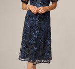 Petite Sequin Embroidered Midi Dress With Sheer Short Sleeves In Navy 4