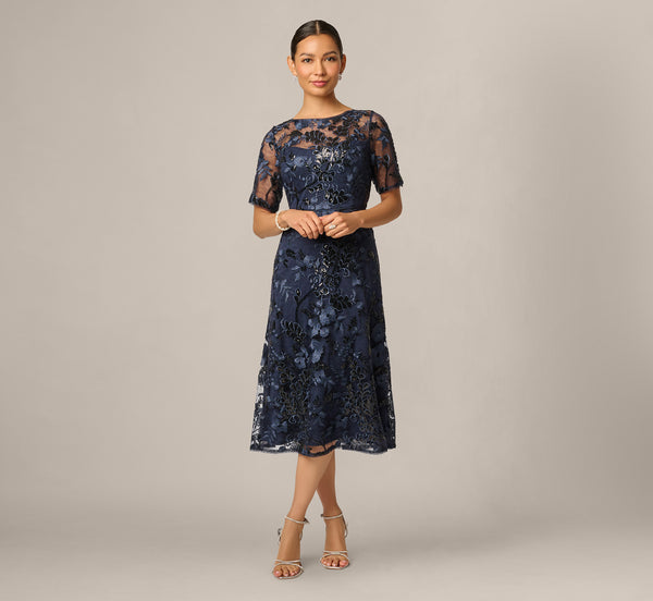 Petite Sequin Embroidered Midi Dress With Sheer Short Sleeves In Navy, Navy / Petite / 16