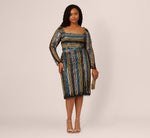 Plus Size Sequin Beaded Sheath Dress With Sheer Long Sleeves In Black Blue Multi 3