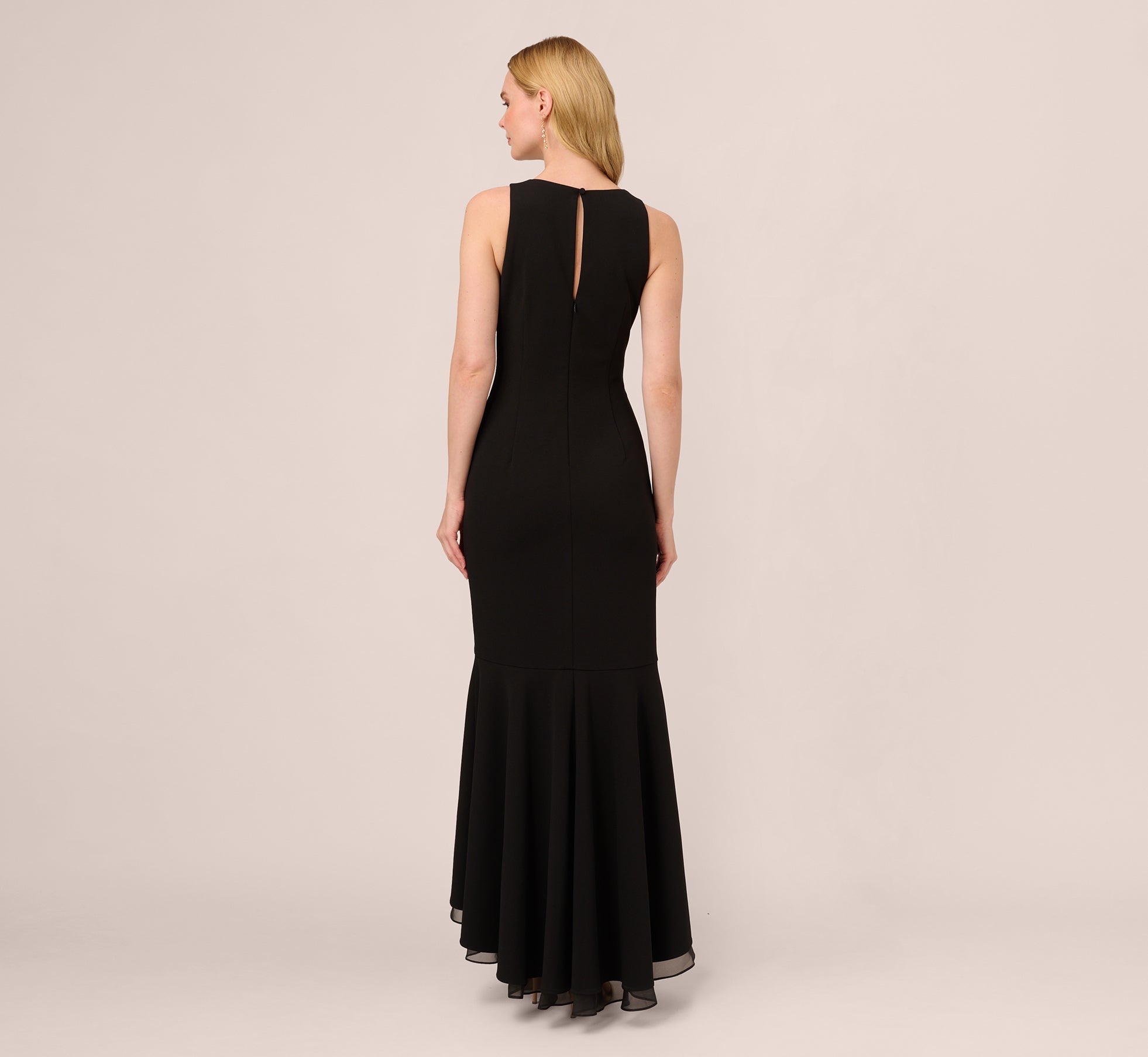 Adrianna Papell High-Low Crepe Halter Gown With Organza Draping - Black Adrianna Papell High-Low Crepe Halter Gown With Organza Draping - Black
