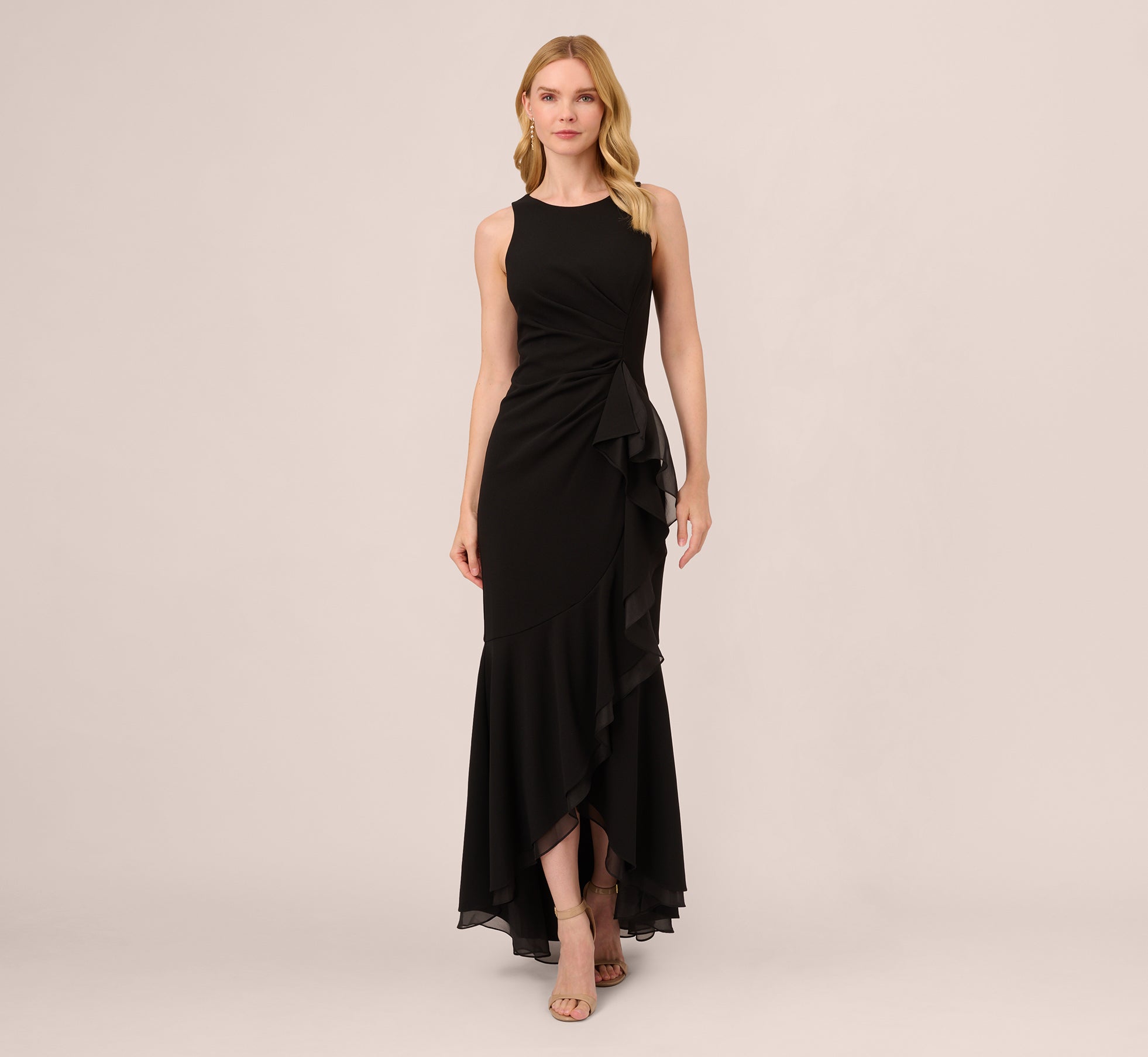 Adrianna Papell High-Low Crepe Halter Gown With Organza Draping - Black Adrianna Papell High-Low Crepe Halter Gown With Organza Draping - Black