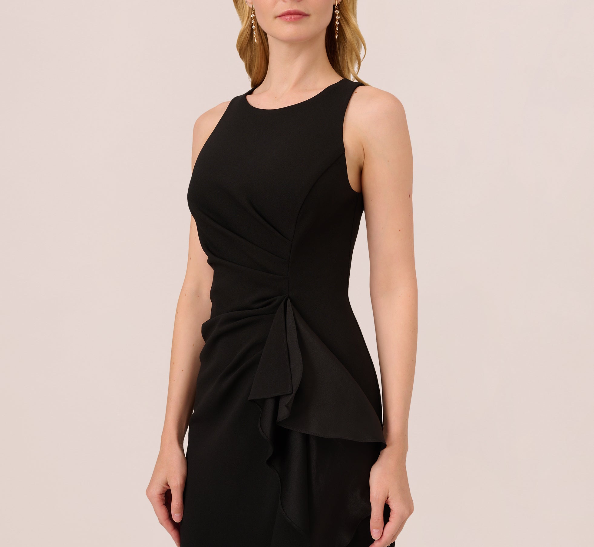 Black High Low Crepe Halter Gown With Organza Draping - Adrianna Papell Black High Low Crepe Halter Gown With Organza Draping - Adrianna Papell