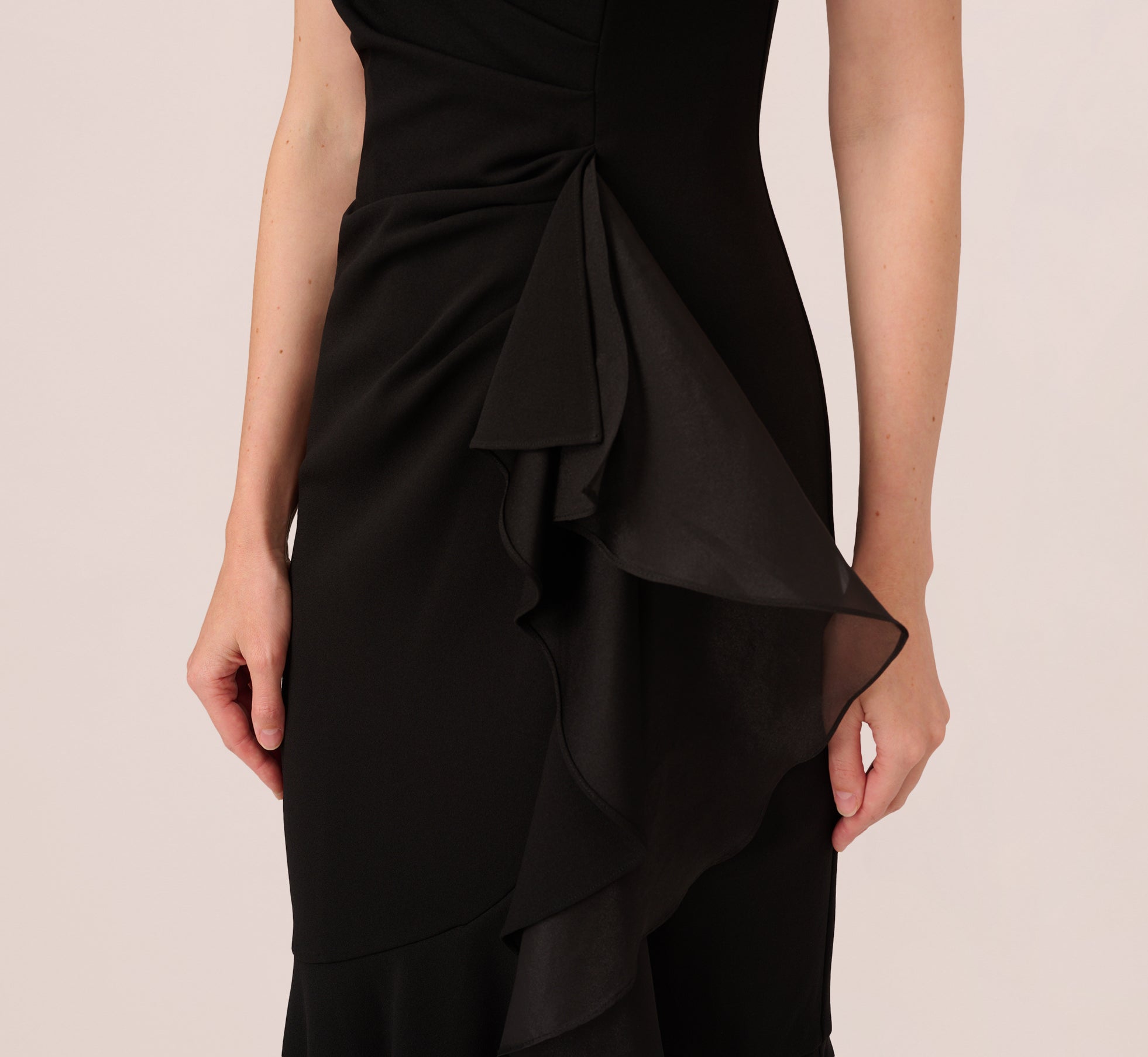 Black High Low Crepe Halter Gown With Organza Draping - Adrianna Papell Black High Low Crepe Halter Gown With Organza Draping - Adrianna Papell