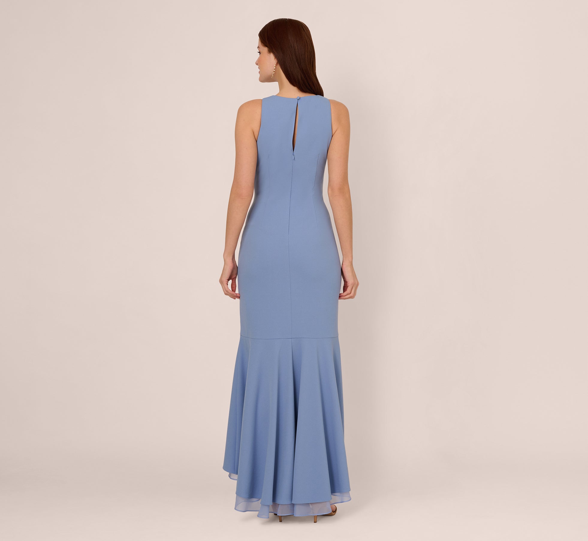 Blue High Low Crepe Halter Gown With Organza Draping - Adrianna Papell Blue High Low Crepe Halter Gown With Organza Draping - Adrianna Papell