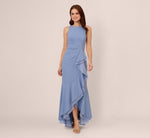 High Low Crepe Halter Gown With Organza Draping In French Blue 2