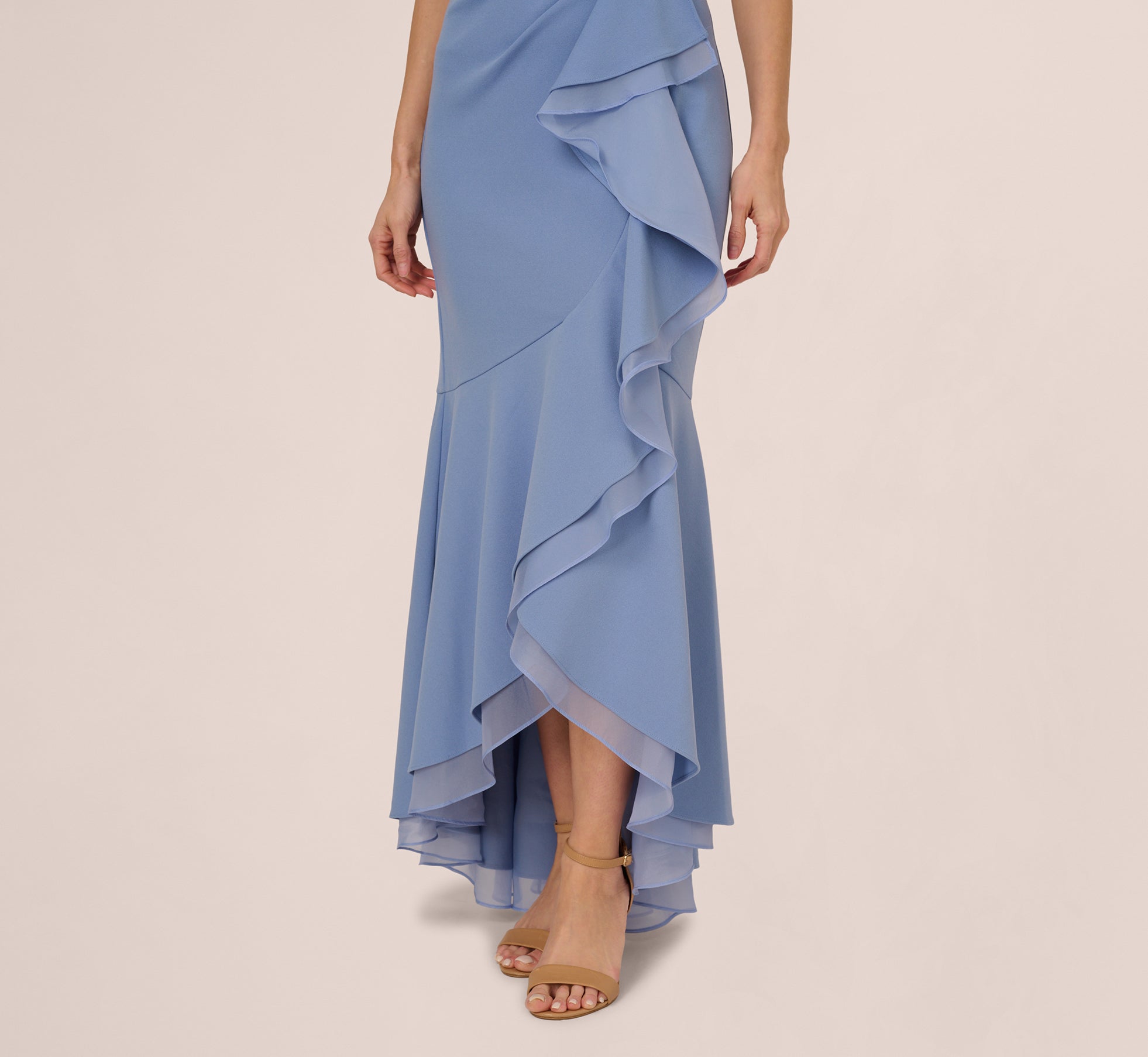 High Low Crepe Halter Gown With Organza Draping In French Blue 1