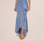 High Low Crepe Halter Gown With Organza Draping In French Blue 3