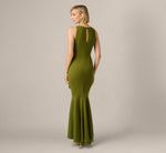 High Low Crepe Halter Gown With Organza Draping In Jungle Olive 5