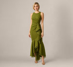 High Low Crepe Halter Gown With Organza Draping In Jungle Olive 2