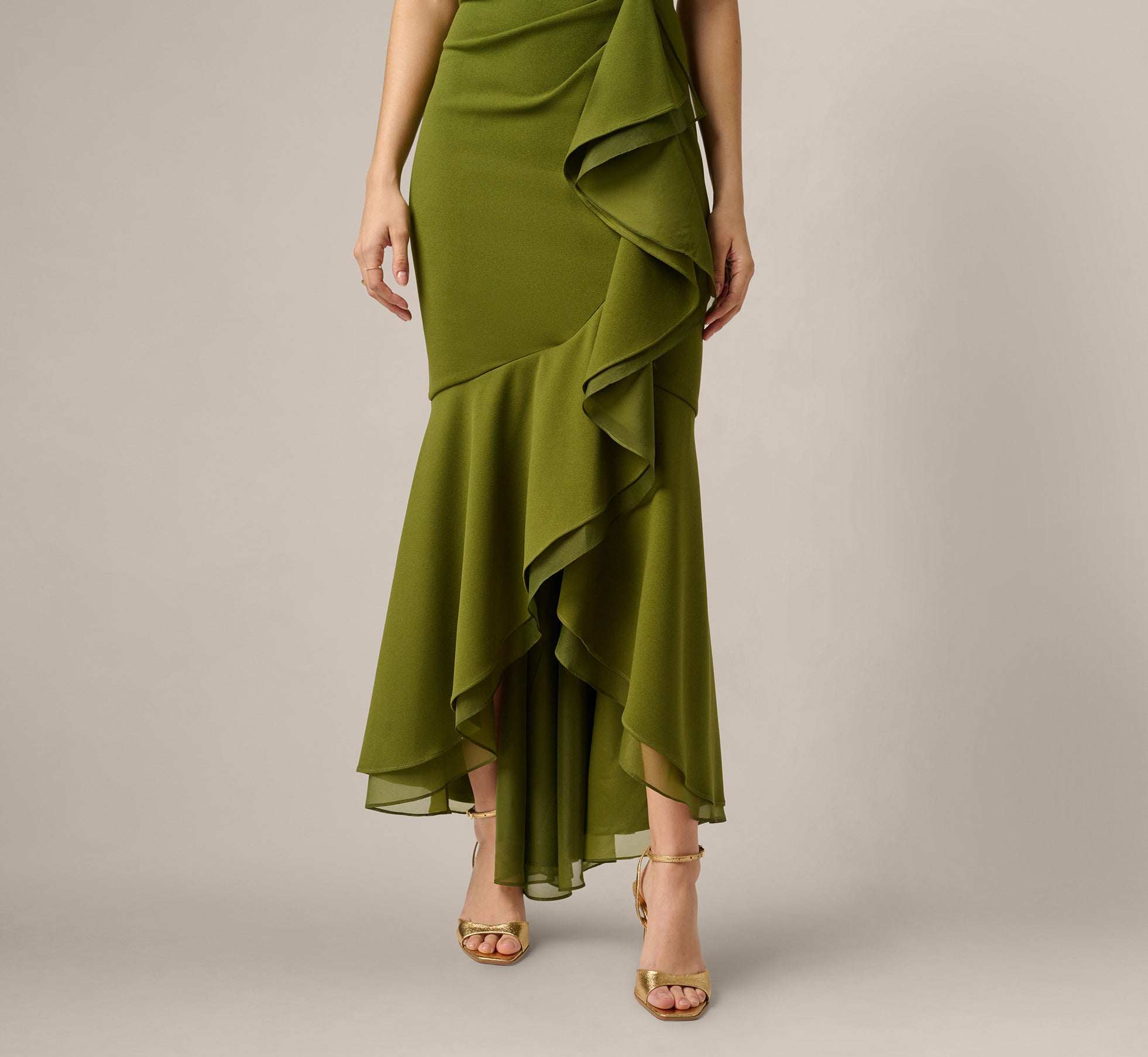 Green High Low Crepe Halter Gown With Organza Draping