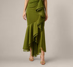 High Low Crepe Halter Gown With Organza Draping In Jungle Olive 4