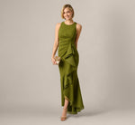 High Low Crepe Halter Gown With Organza Draping In Jungle Olive 1
