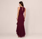 High Low Crepe Halter Gown With Organza Draping In Cabernet 5