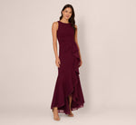 High Low Crepe Halter Gown With Organza Draping In Cabernet 2