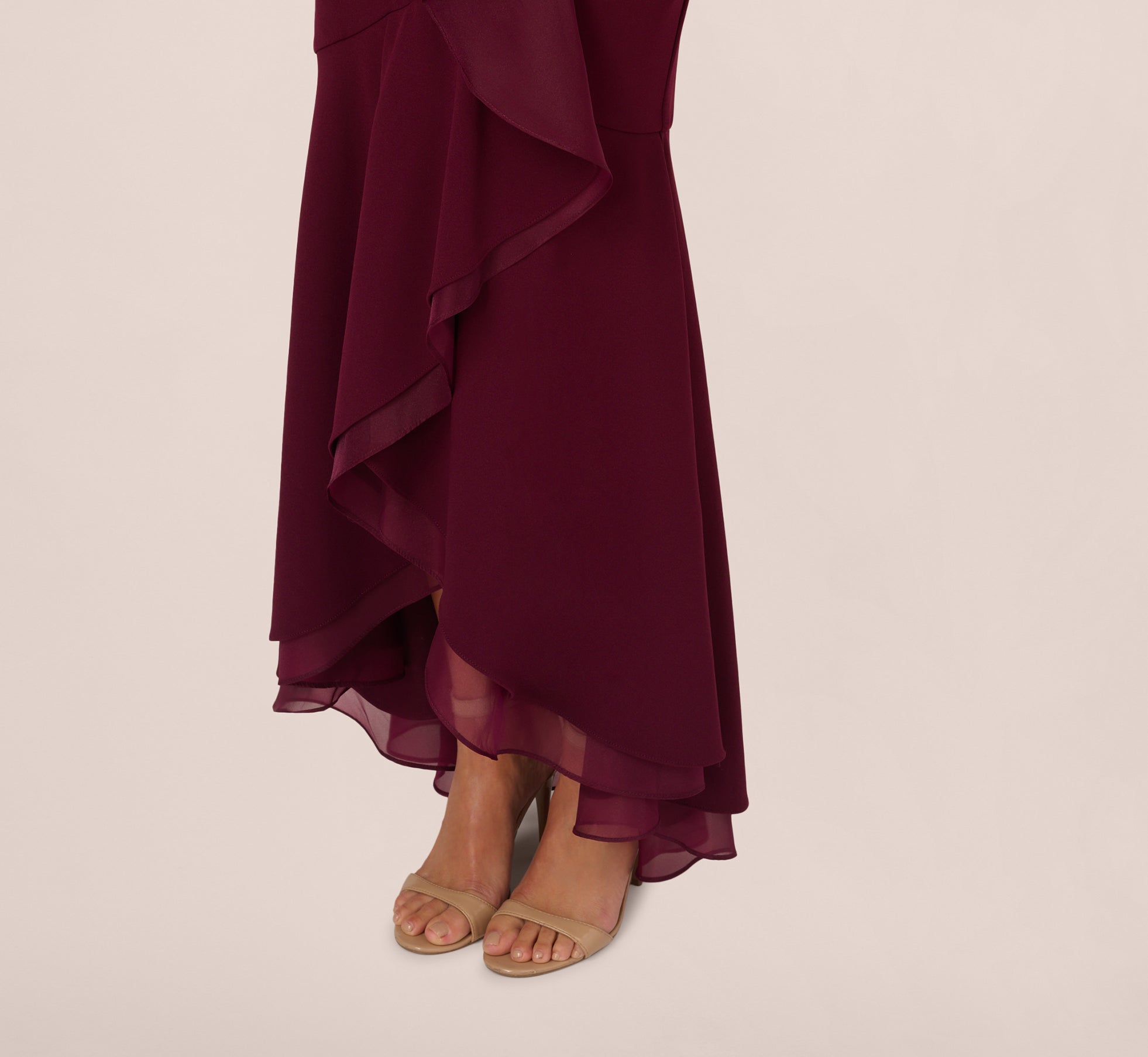 Burgandy High Low Crepe Halter Gown With Organza Draping